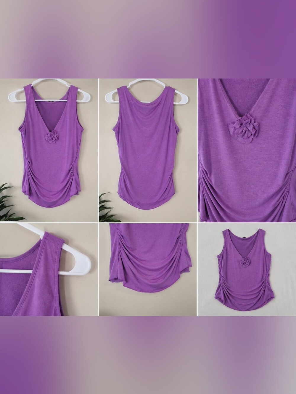 Kate Landry Purple Sleeveless V-Neck Tank with Side Ruching